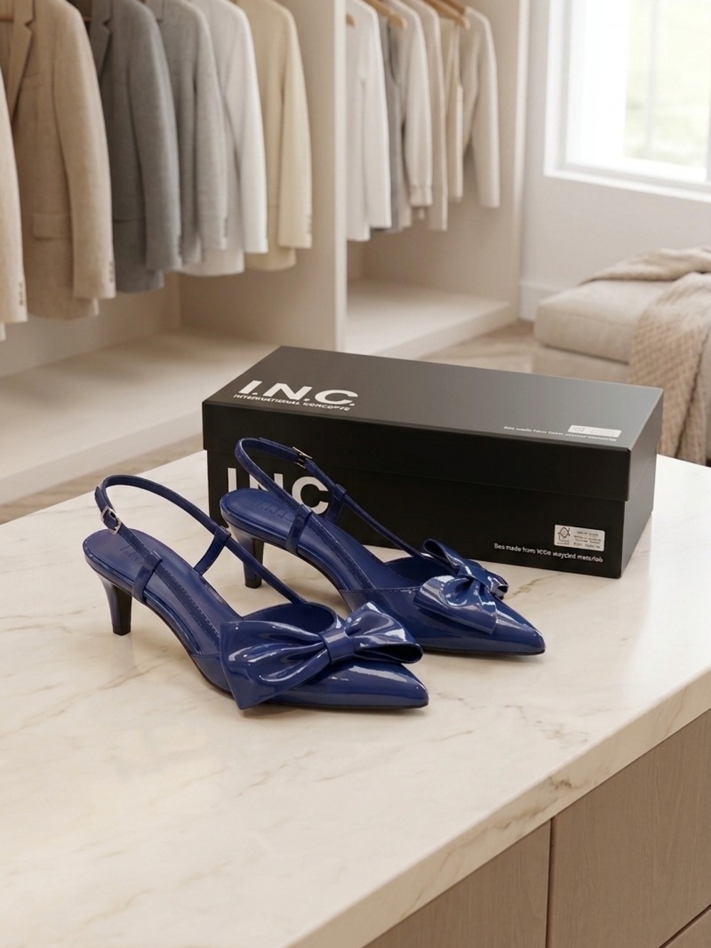 INC Navy Patent Slingback Kitten Heels with Bow (Floor Sample)